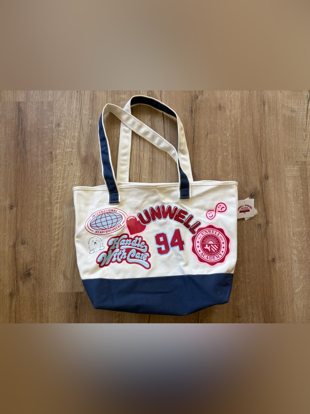 Unwell Canvas Patch Tote Bag in Cream and Navy